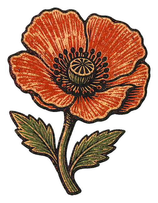 Orange poppy flower with green stem and leaves in a carved woodblock style.