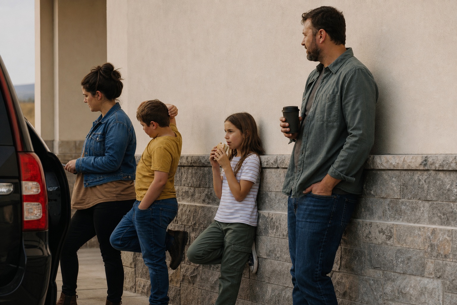 Four people standing beside a vehicle near a wall in a candid roadside scene.