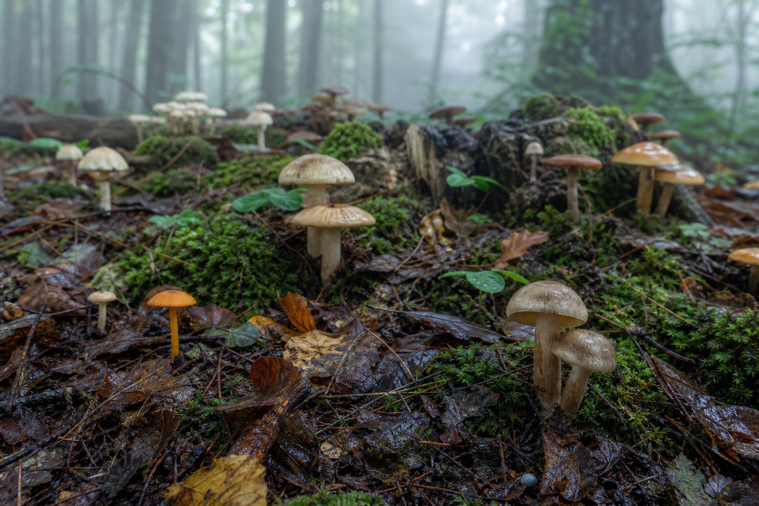 Clusters of small mushrooms growing on a mossy forest floor in misty dawn light.