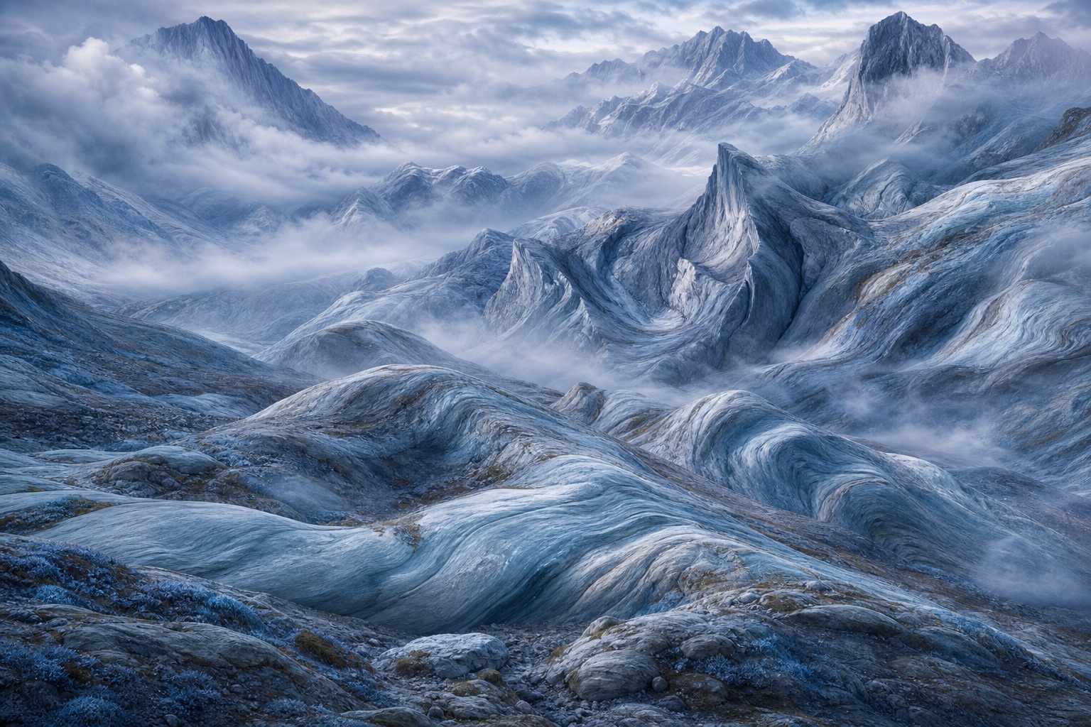 Blue-gray futuristic mountains with misty ridges and glacial stone folds