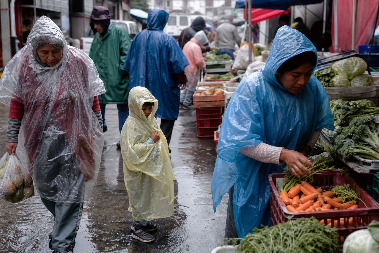 People in ponchos walking through a rainy outdoor market on wet pavement.