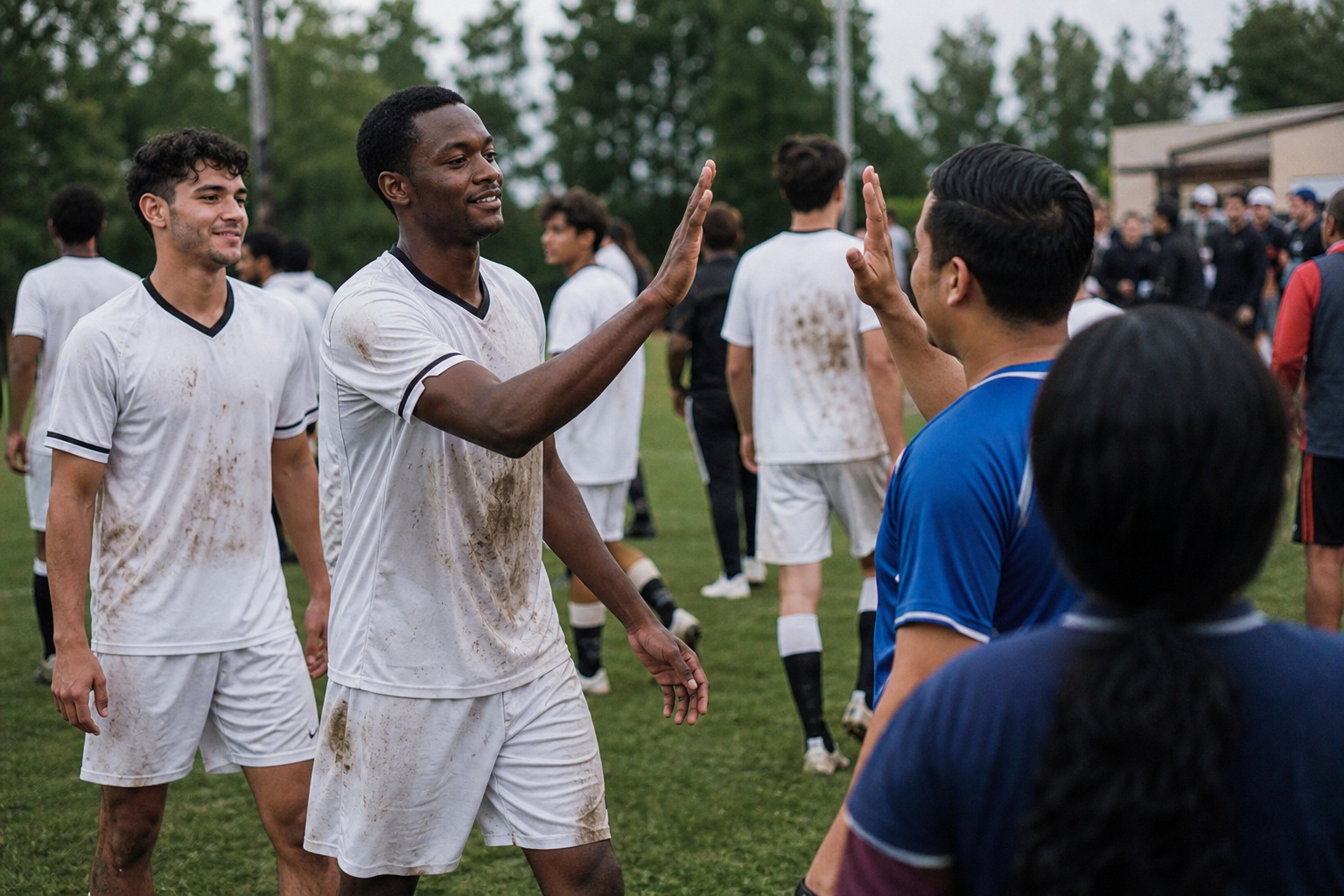 Soccer players and spectators sharing postgame high fives on a grassy sideline.