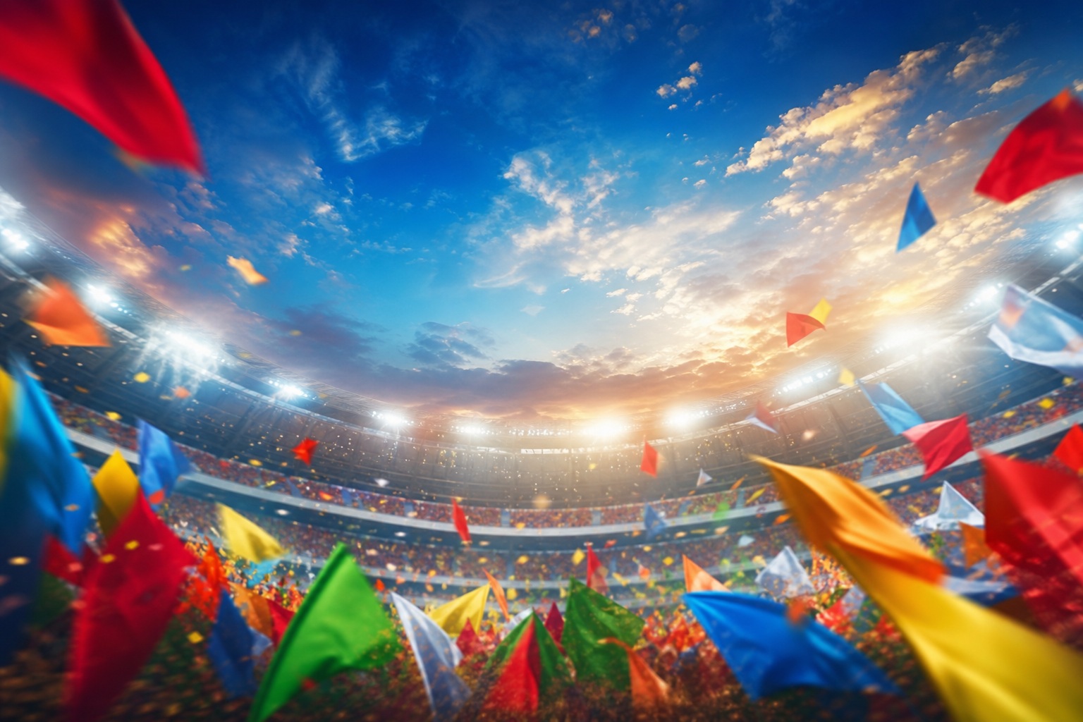 Colorful international flags waving above a lit stadium during a celebration
