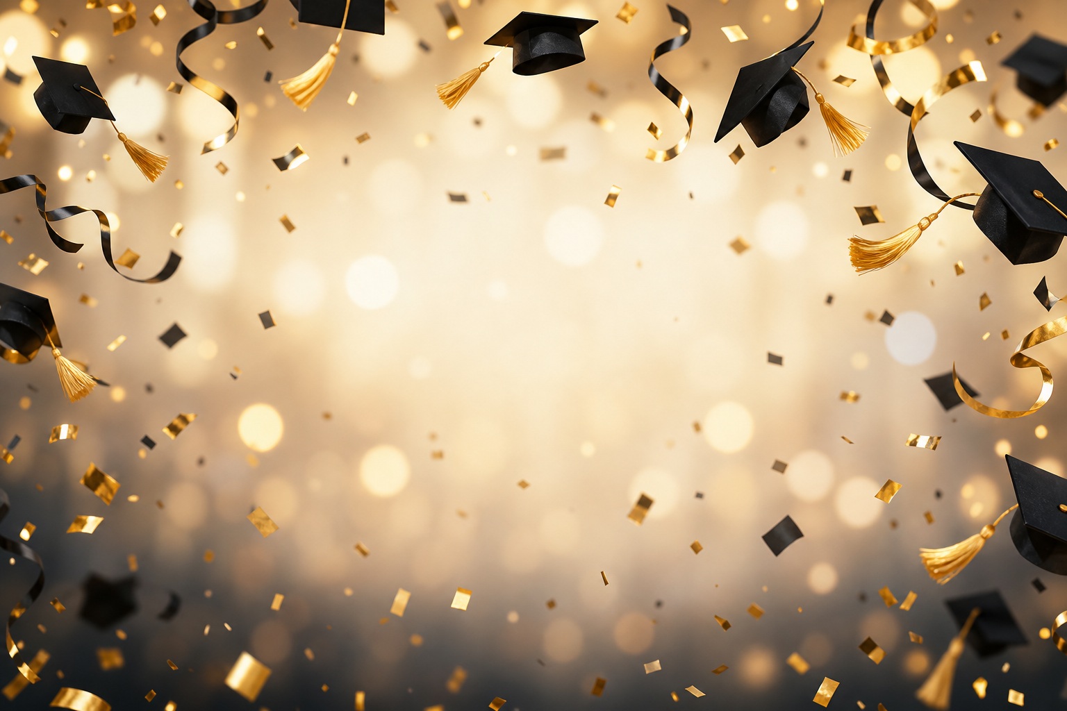 Golden bokeh background with falling confetti and graduation caps along the bottom