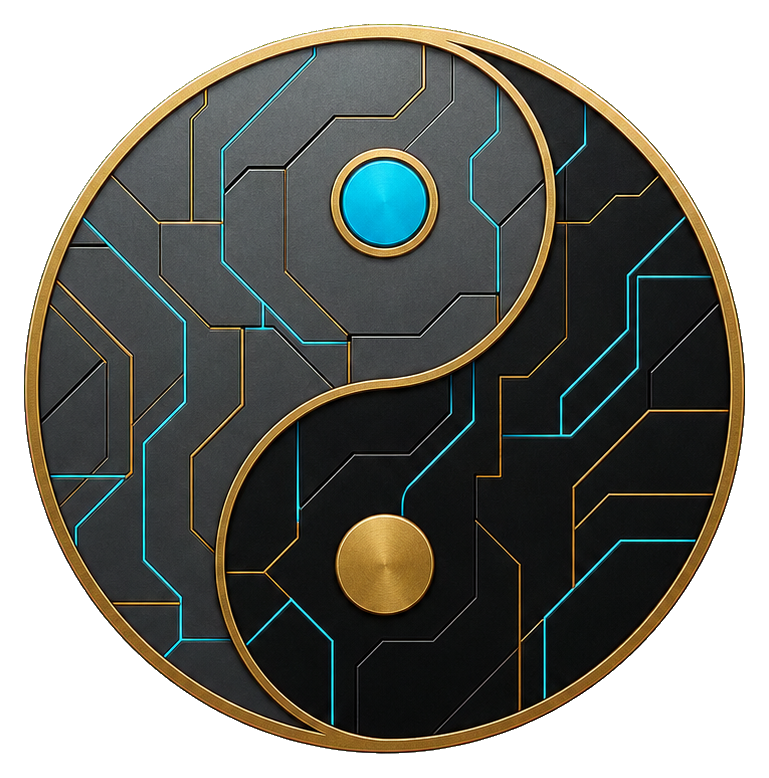 Circular mechanical yin yang symbol with circuit-like panels and gold outline