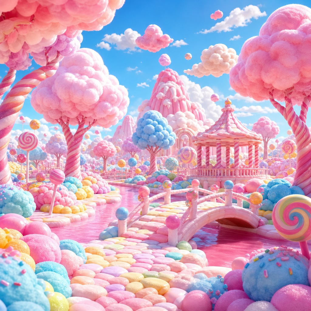 Pastel candy landscape with marshmallow trees, cotton candy clouds, and a rainbow path
