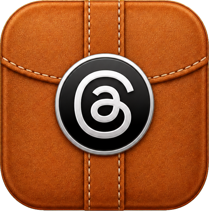 Caramel leather app icon with stitched edges and a black circular emblem