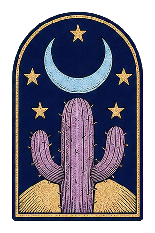 Purple cactus under a crescent moon with stars inside an arched desert frame