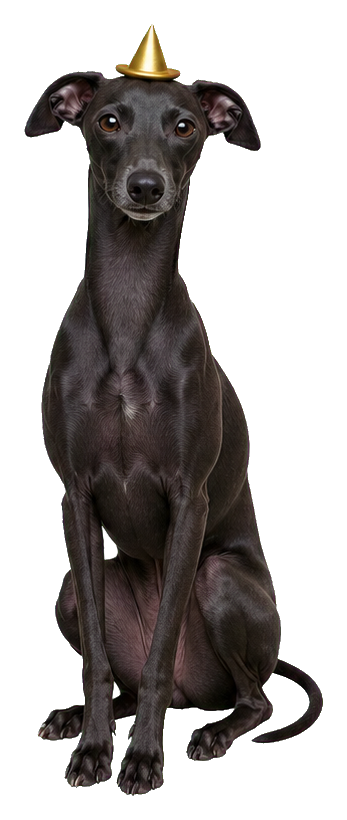 Italian greyhound sitting with a tiny gold party hat on its head.