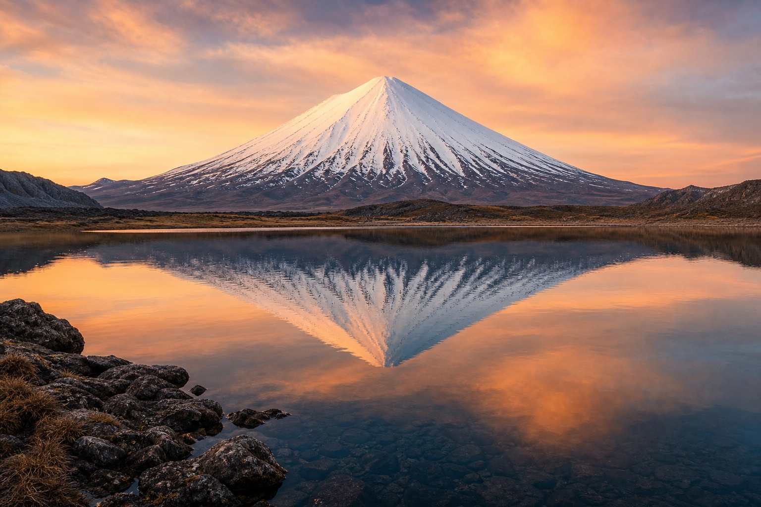 Snow-covered volcano reflected in a calm lake at sunset