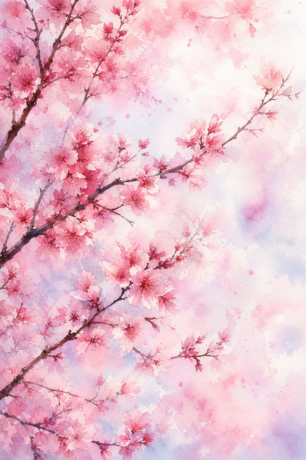 Vertical watercolor cherry blossom branches with soft pink blossoms on a pastel wash background.