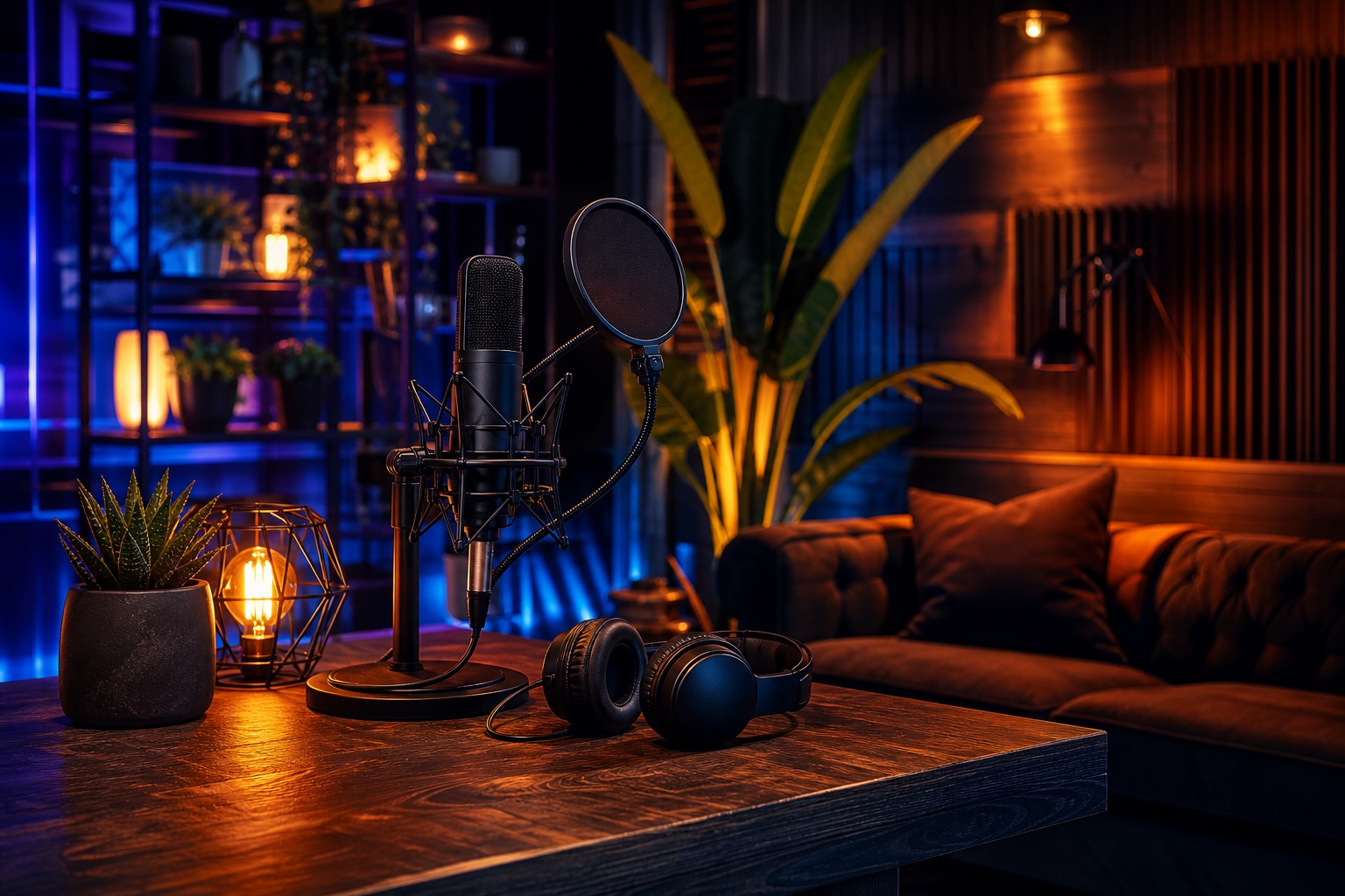 Cozy podcast room with microphone, warm lamp light, sofa, and plants.