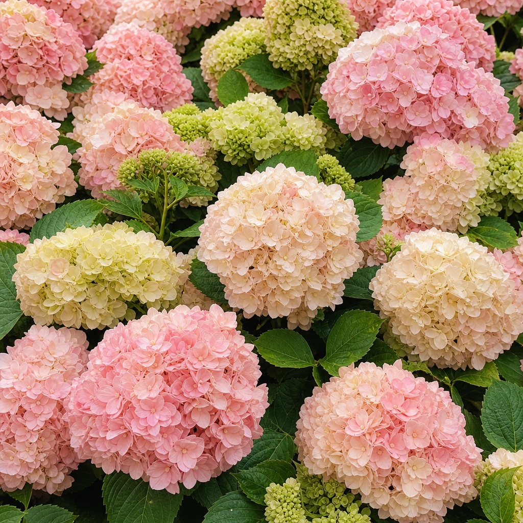 Clusters of pastel pink, cream, and green hydrangea flowers filling the frame.