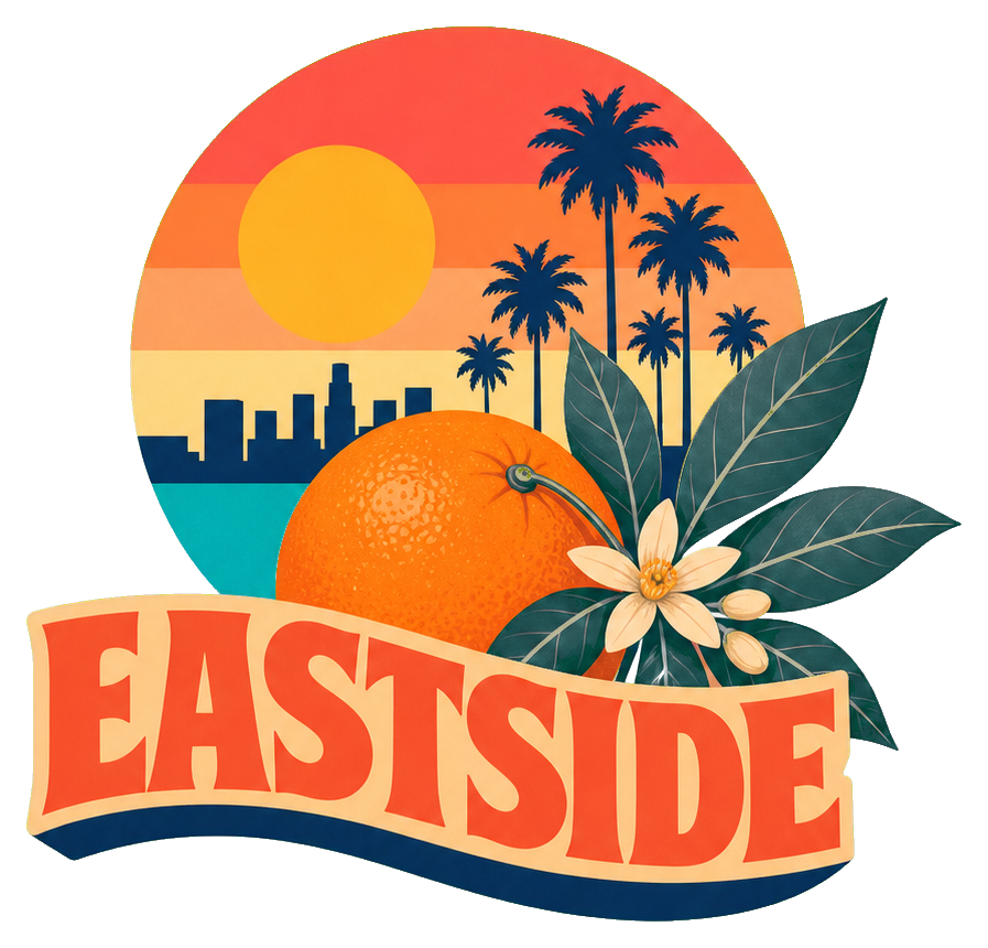 Orange Eastside sticker with palm trees, sun, skyline, and flowers