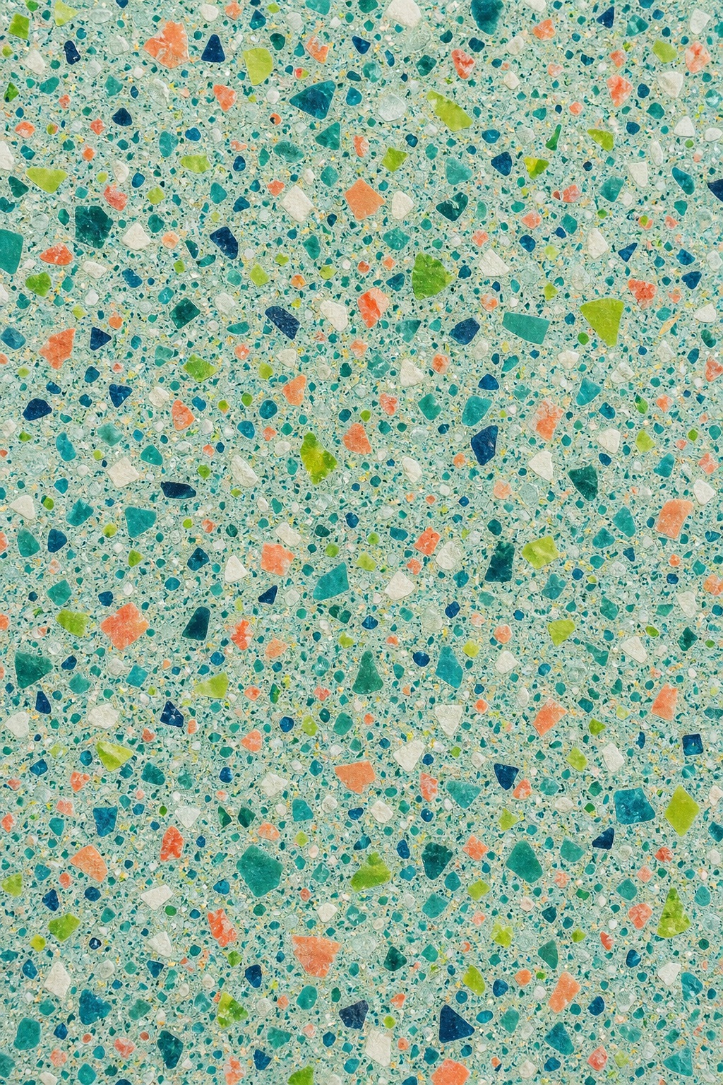 Tropical green terrazzo pattern with colorful abstract chips scattered across the surface