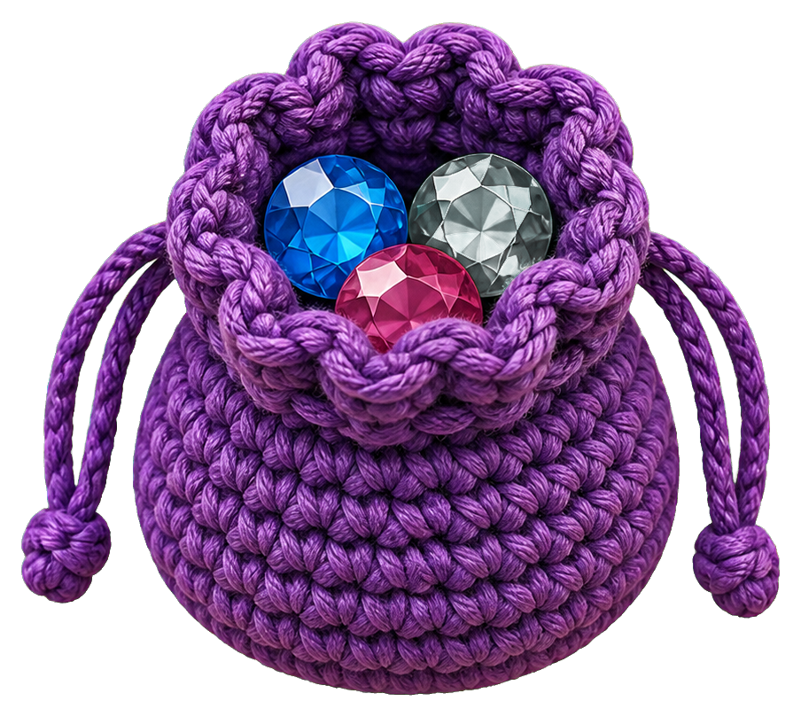Purple crochet pouch filled with colorful gems and tied with drawstrings