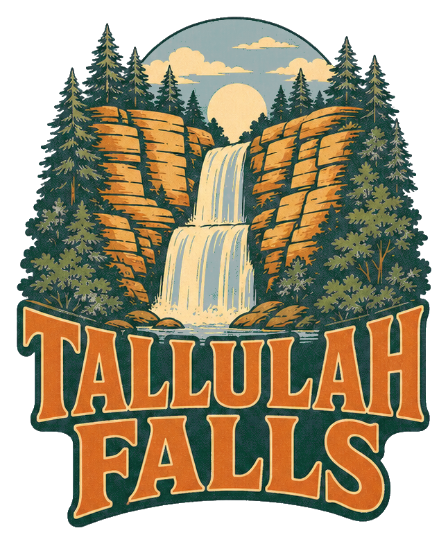 Retro Tallulah Falls text sticker with a waterfall, pine trees, and mountains