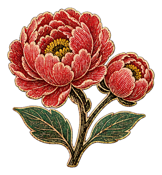 Two red peony blooms with green leaves in carved woodblock style.