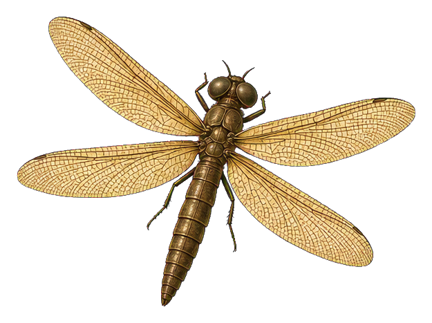Realistic prehistoric giant dragonfly with outstretched amber wings