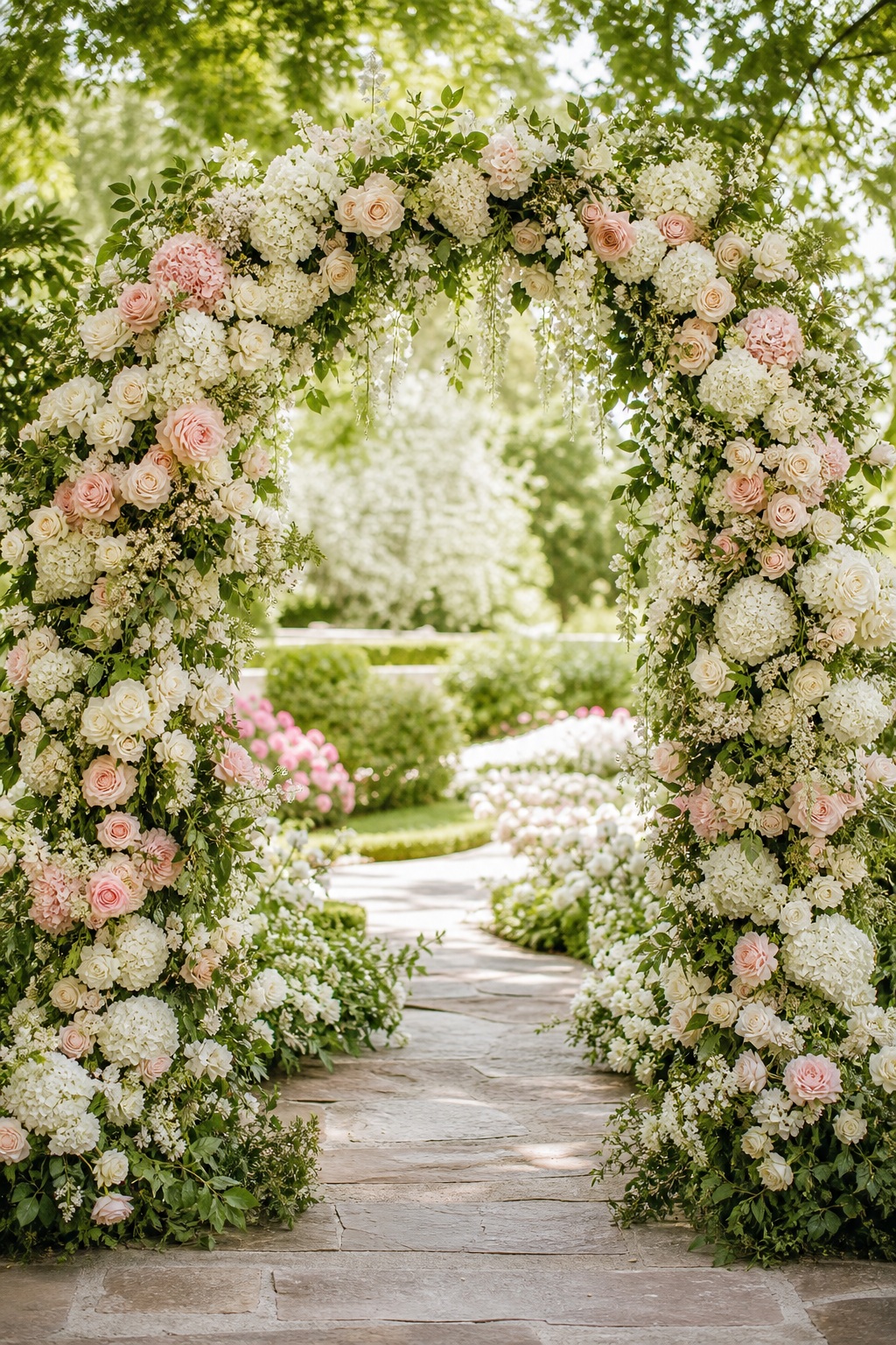 Flower-covered wedding arch over a garden path with soft pink and white blooms