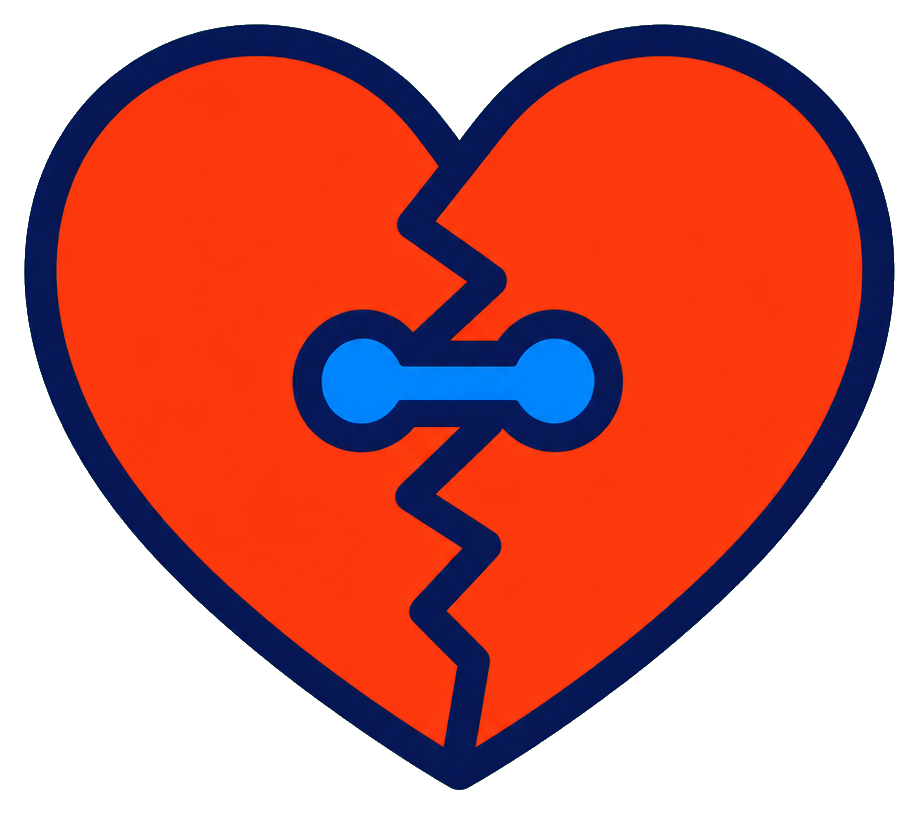 Orange heart split down the middle and rejoined with a blue line and loop detail