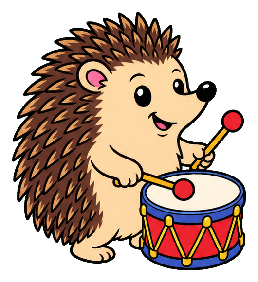 Cute wacky hedgehog playing a red drum with drumsticks