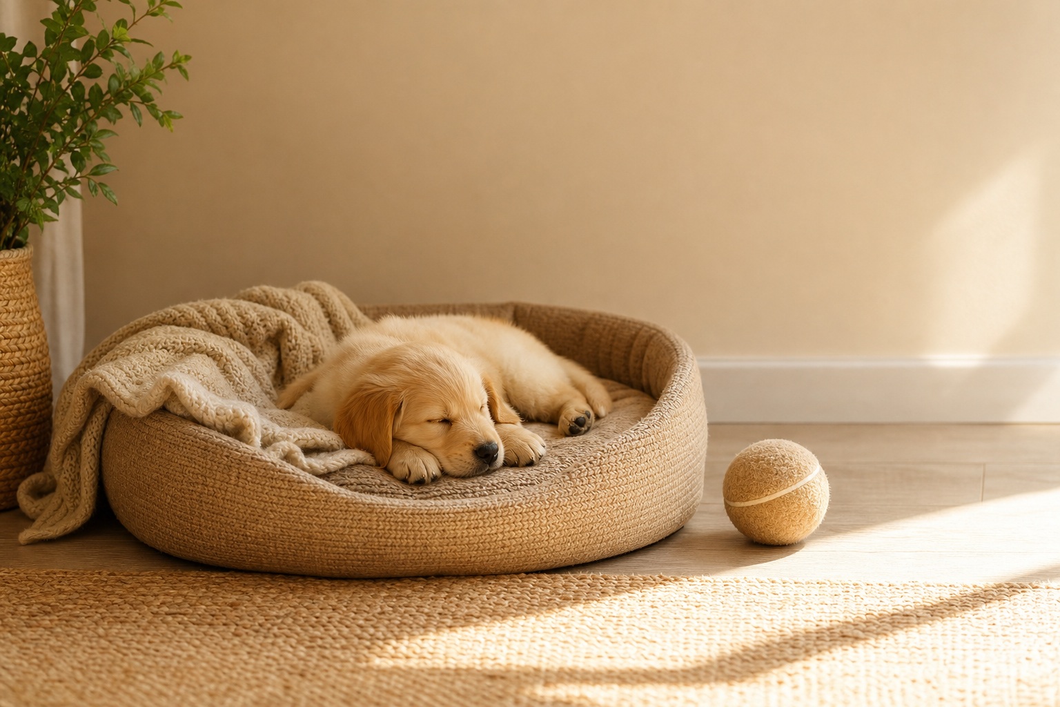 Sleeping puppy curled up in a cozy dog bed with a blanket and toy ball.