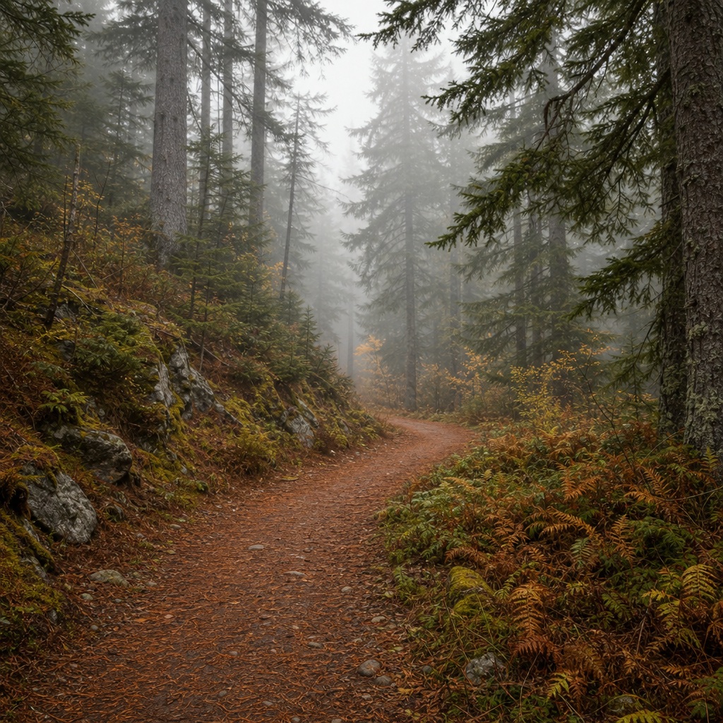 Misty autumn forest path winding through conifer trees and woodland ferns.