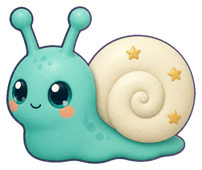 Cute teal alien with big eyes and a cream spiral shell with gold stars