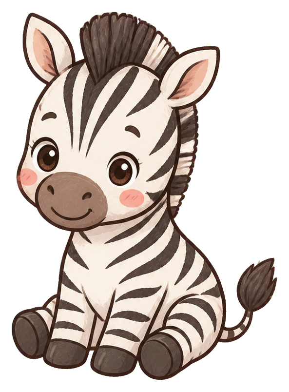 Cute pastel zebra sitting with striped body, pink cheeks, and rounded ears.