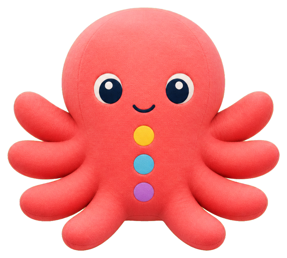 Cute red plush octopus with smiling face and colorful buttons on its body