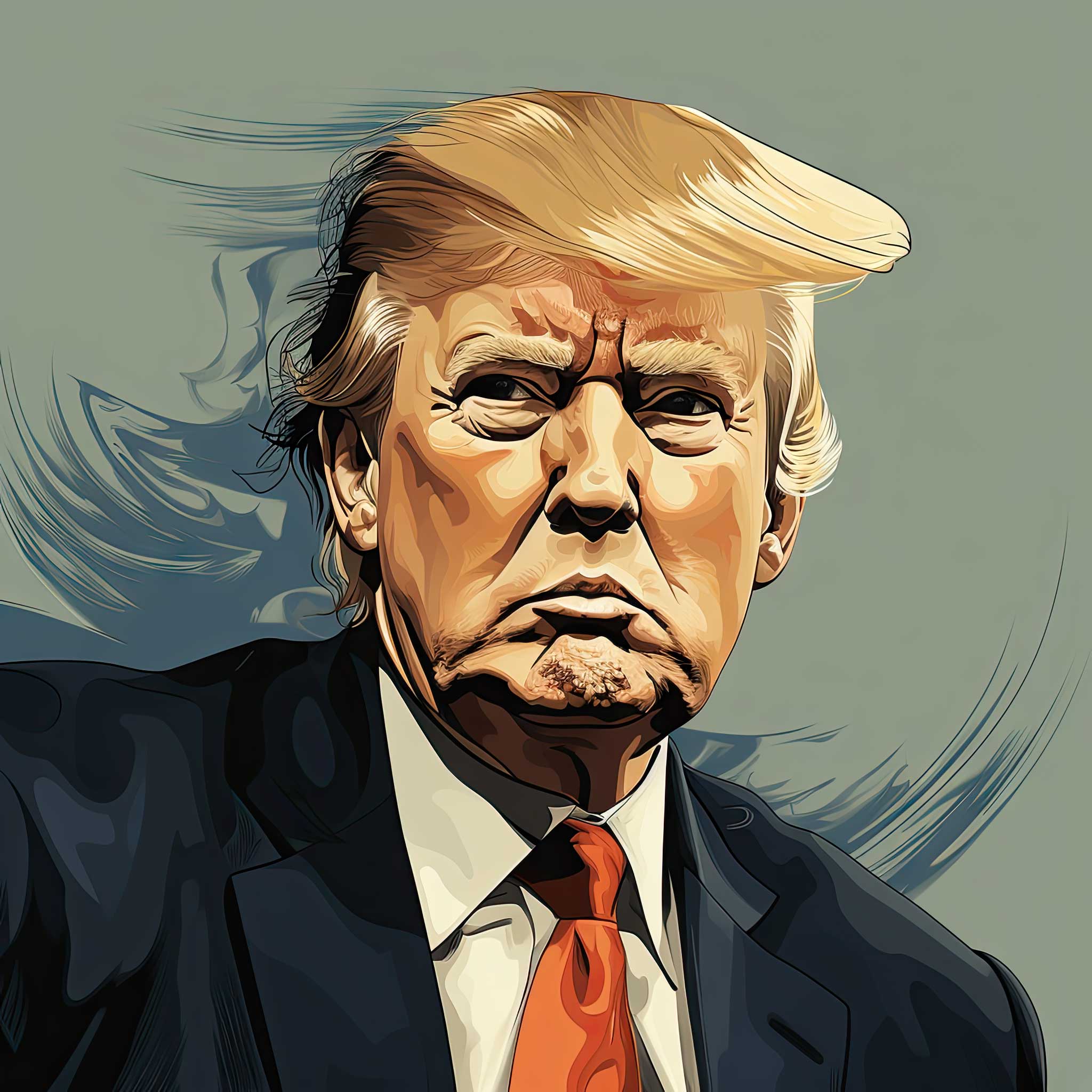 Stylized portrait of Donald Trump in a suit against a light abstract background.