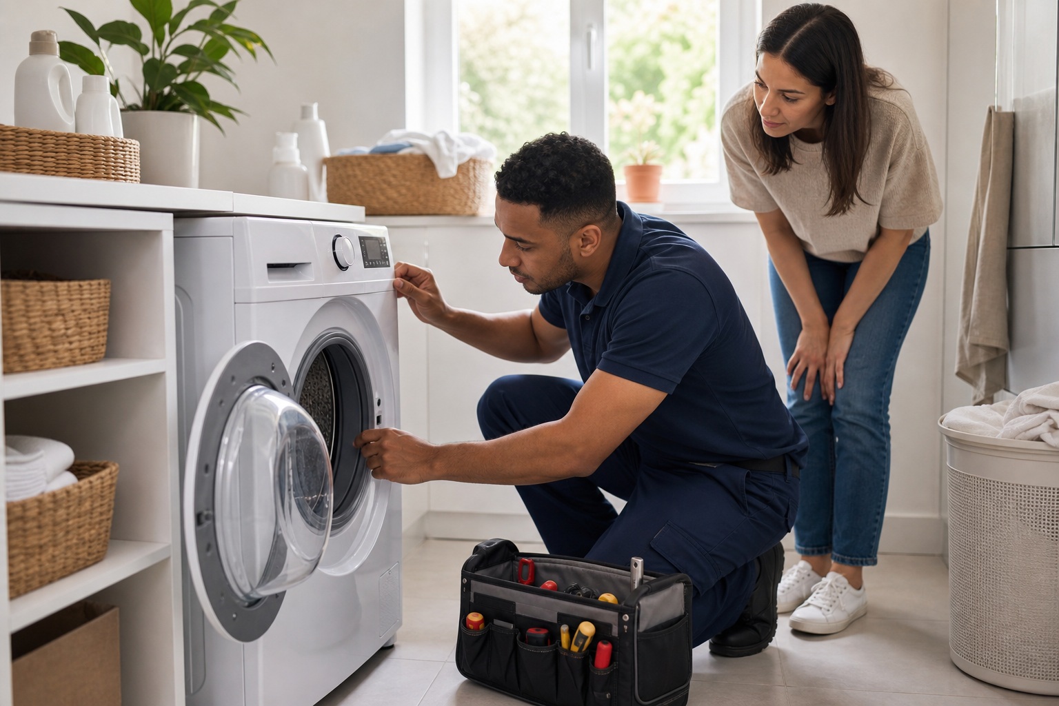 Repair technician kneeling beside an open washing machine in a laundry room while a woman watches.