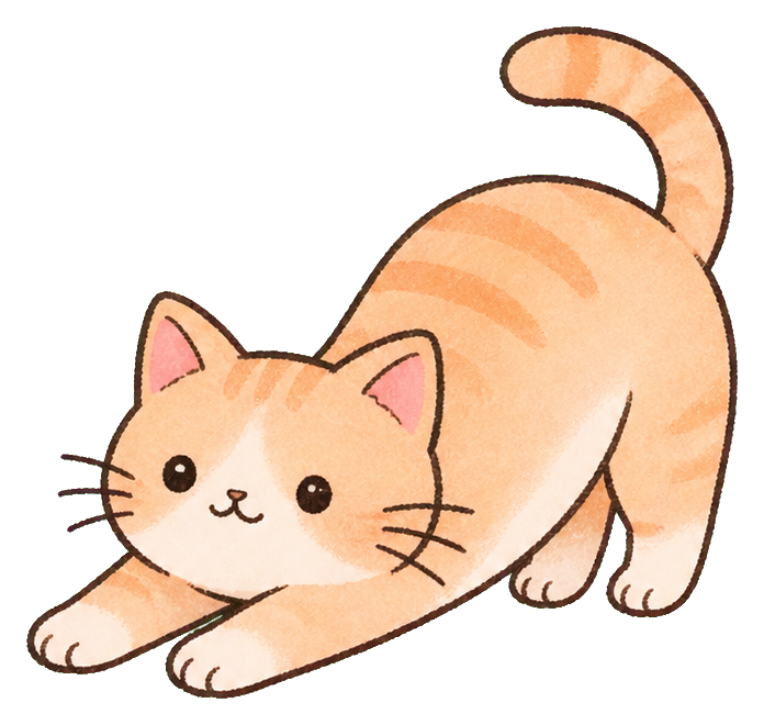 Cute orange cat stretching with front paws extended and tail raised.