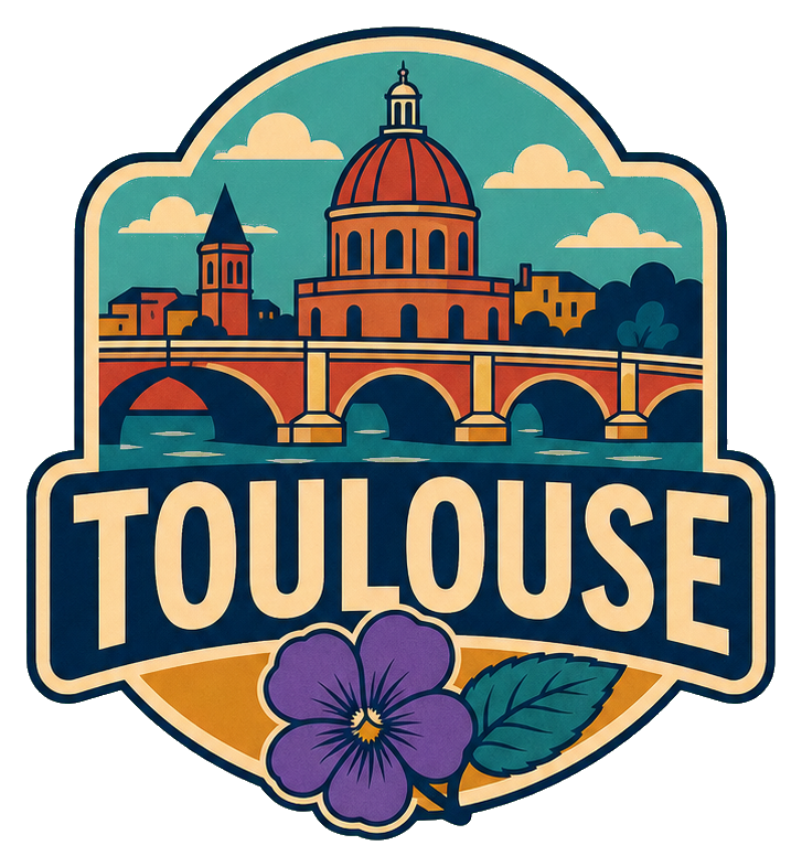 Illustrated Toulouse badge with a dome skyline, large Toulouse text, and a purple flower.