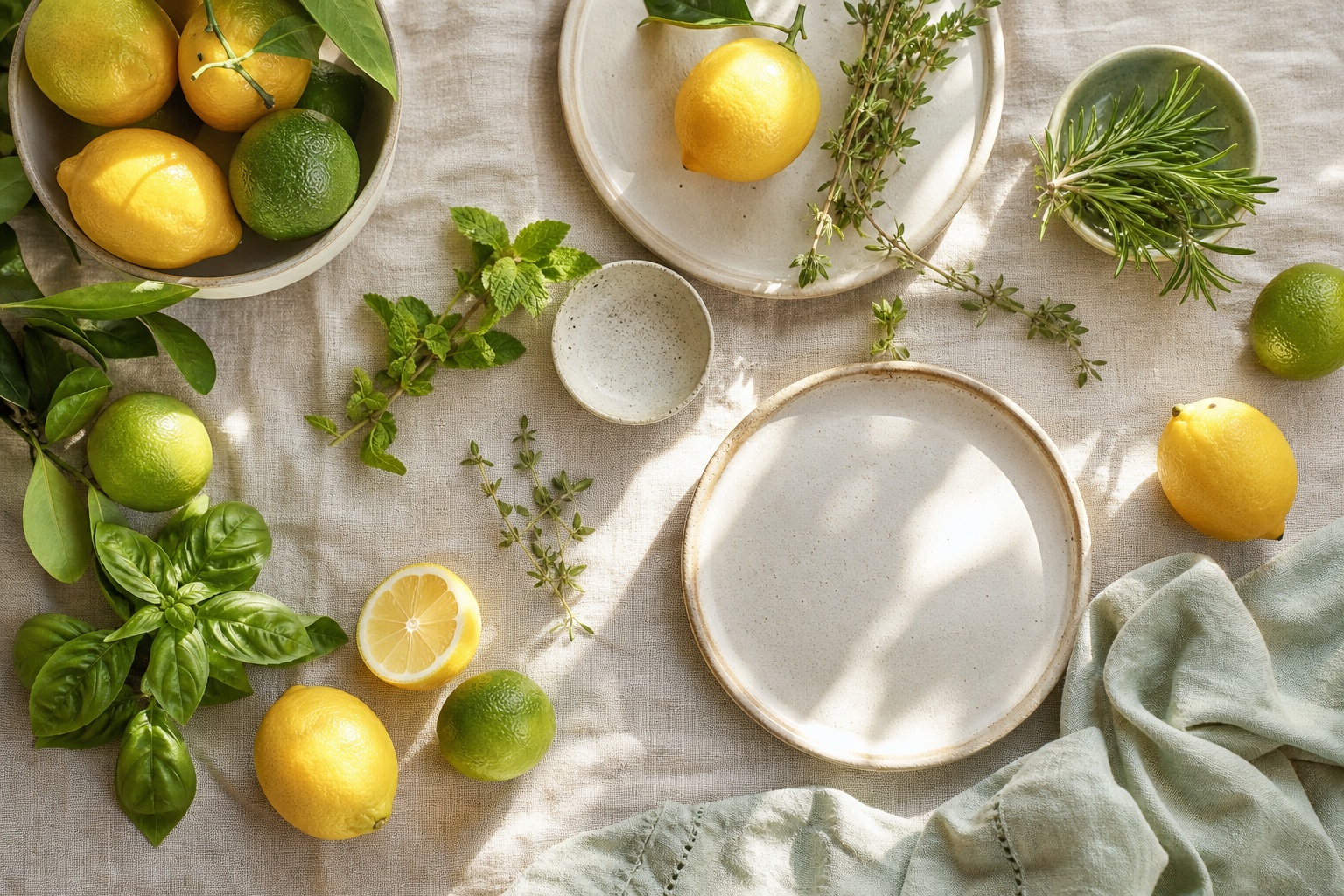 Overhead tabletop with lemons, fresh herbs, plates, and a light cloth on a neutral surface