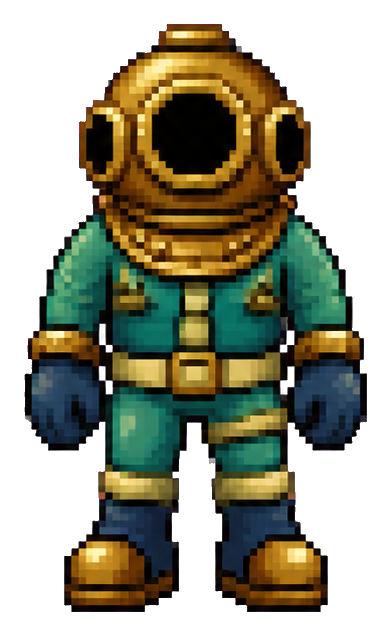 Teal pixel art deep sea diver with gold helmet and boots on a black background