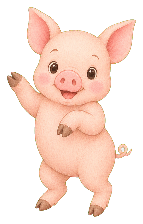 Cute piglet dancing with one hoof raised and a happy expression