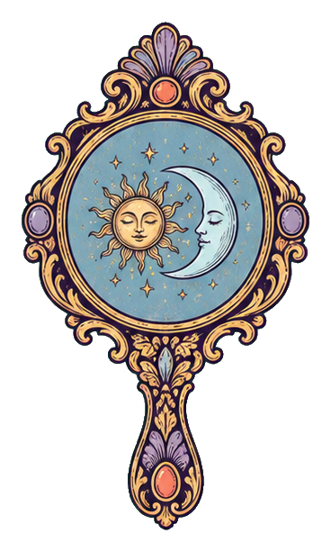 Ornate mirror with a smiling sun, crescent moon face, and stars on a blue background