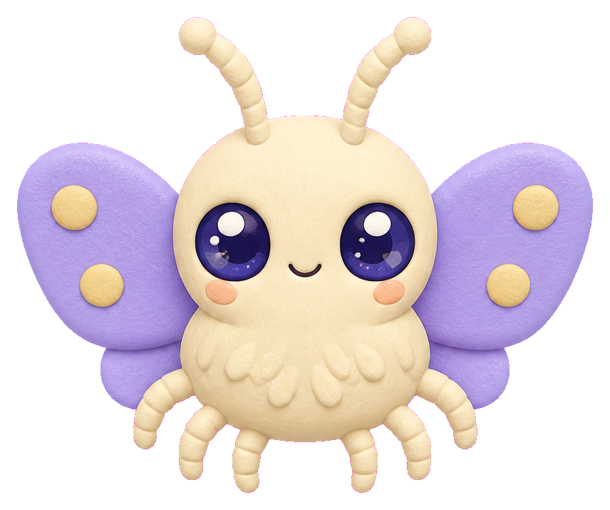 Cute cream alien with purple wings and antennae in a kawaii cosmic style