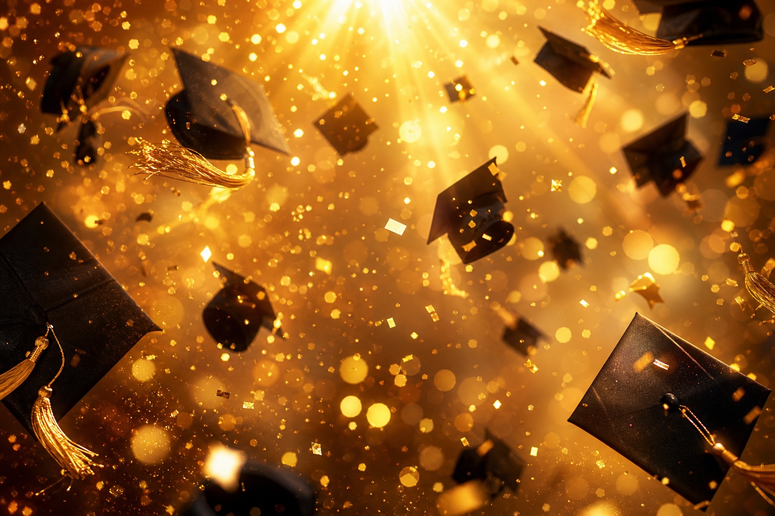 Gold bokeh background with graduation caps and glowing celebration lights