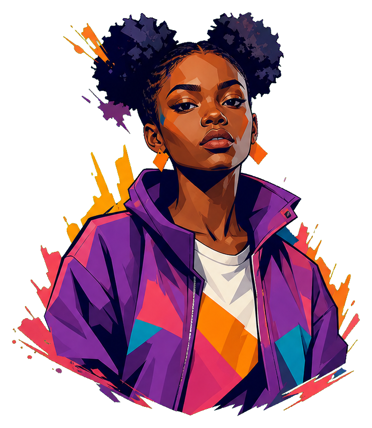 Colorful hip hop portrait of a dancer with afro puffs and a purple jacket