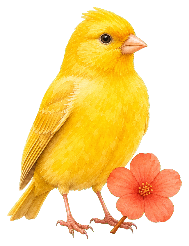 Yellow watercolor bird standing beside a pink flower sticker