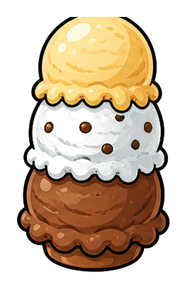 Stacked ice cream scoops with chocolate, gray, and vanilla colors