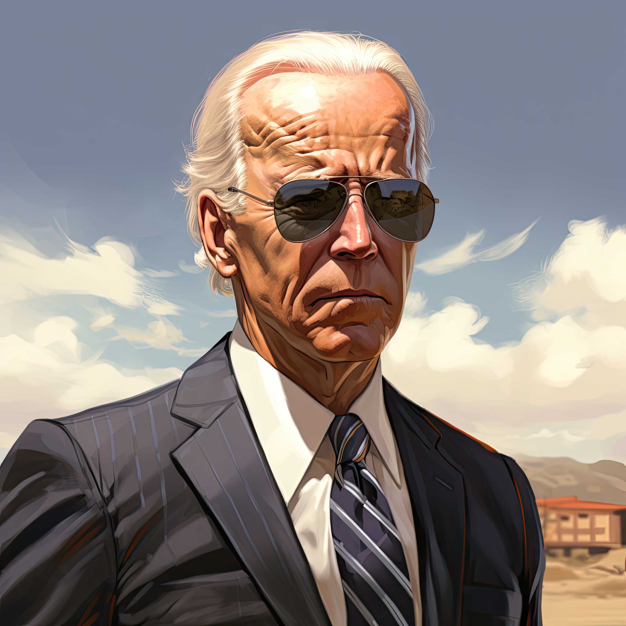 Stylized older man in a suit and sunglasses standing outdoors near buildings.