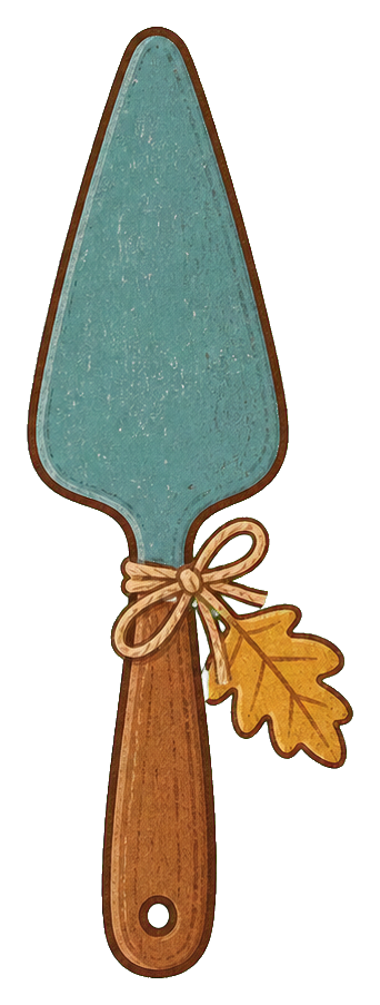 Dusty blue pie server with a wooden handle and a small leaf charm