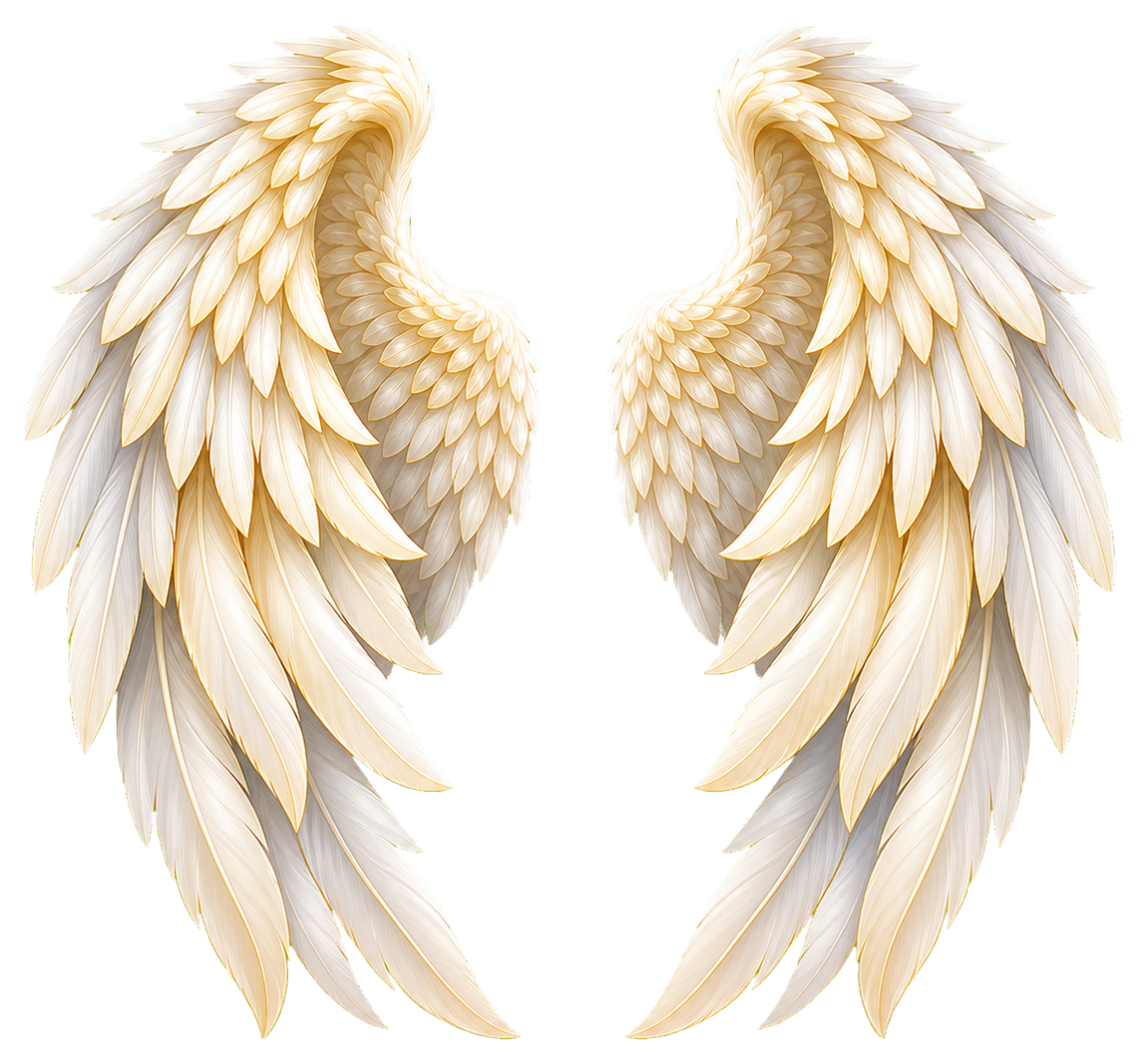 A pair of cream-colored angel wings with layered feathers facing outward.