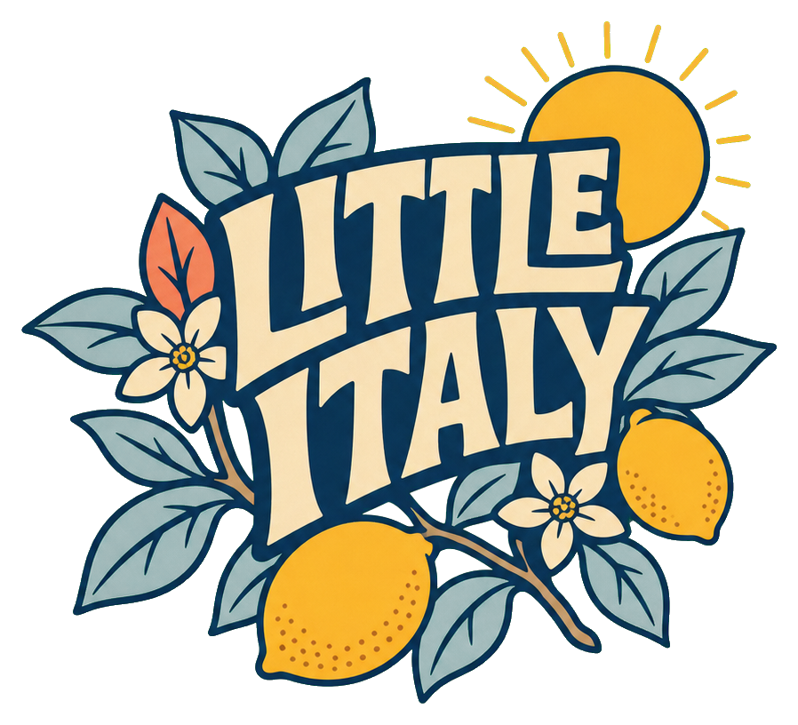 Little Italy text surrounded by lemons, leaves, and small flowers in retro style.