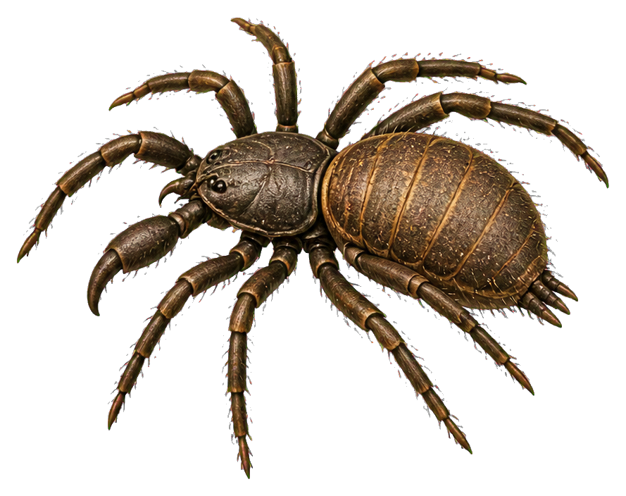 Realistic prehistoric spider illustration with long legs and a segmented brown body