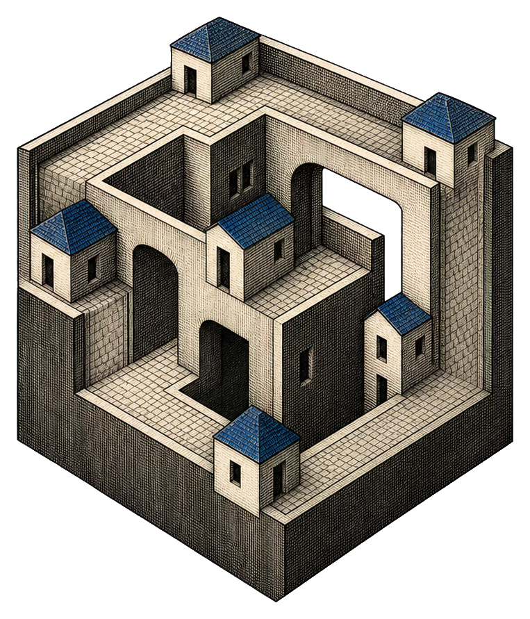 Black and white folded city block in an impossible geometric cube shape.